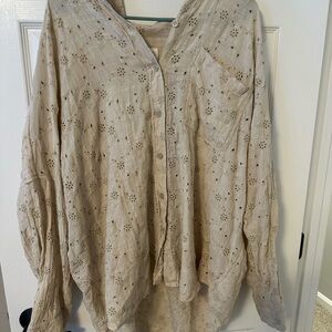 American Eagle Outfitters Beige Eyelet Button-Down Shirt